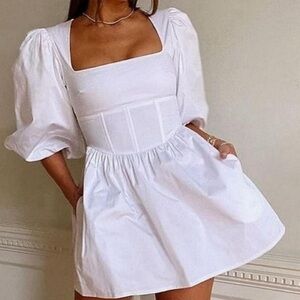 Danielle Bernstein puff sleeve white mini dress with corset style bodice, sz 2